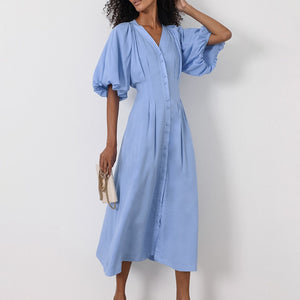 Relaxed-Fit Linen Cotton Puff Sleeve Midi Dress