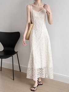 French Style Spaghetti Embroidered Lace Midi Dress