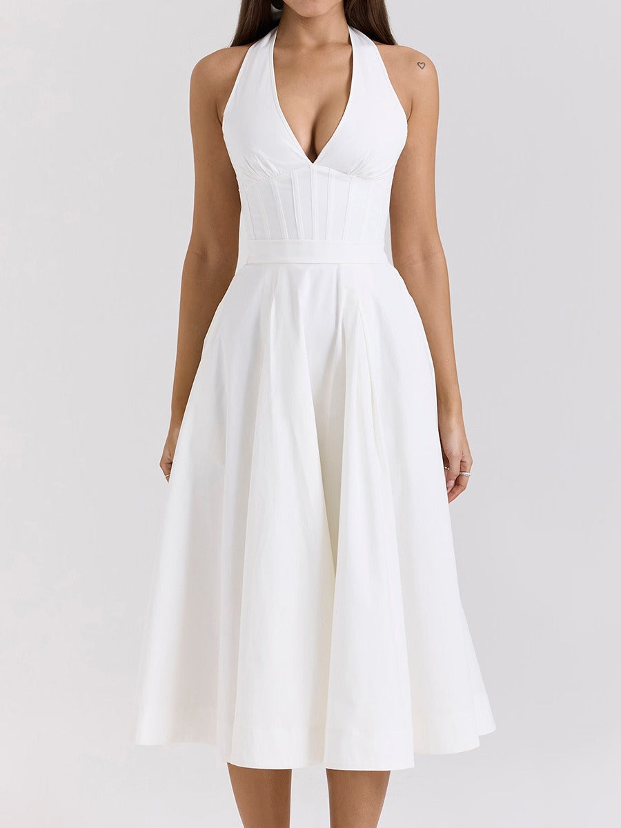 White Halter Neck Slim Backless Boning Midi Dress