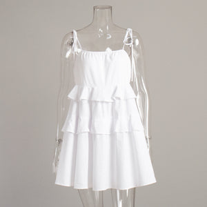 Spaghetti Tie Bow Backless Flared Mini Tiered Dress