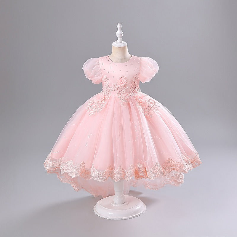 Short Sleeve Girl's Flower Dress One Year Performance Train Puffy Dress