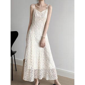 French Style Spaghetti Embroidered Lace Midi Dress