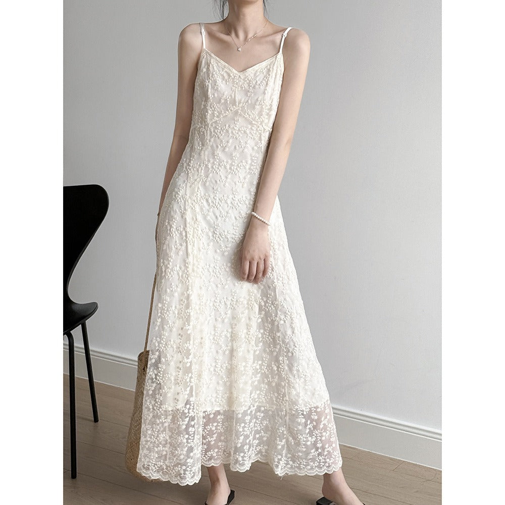 French Style Spaghetti Embroidered Lace Midi Dress