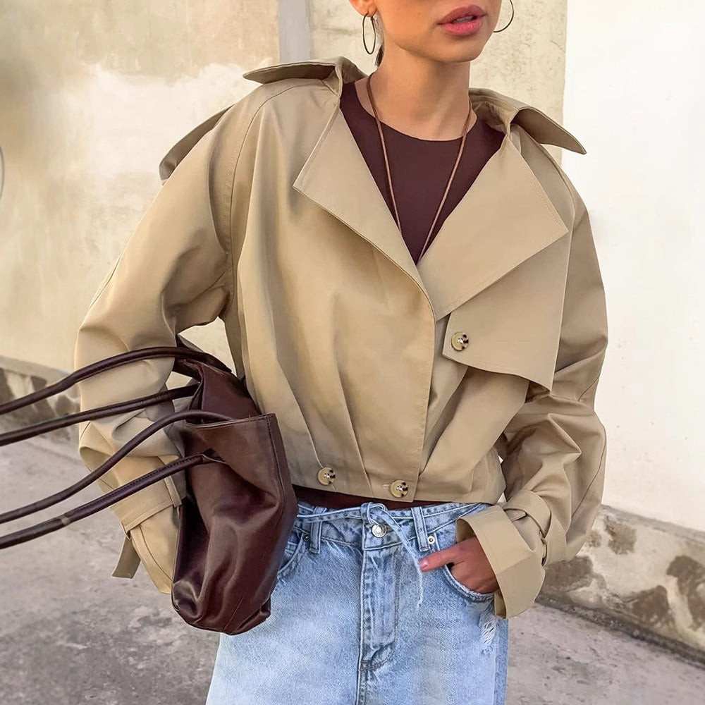 Khaki Double Breasted Tailored Collar Jacket