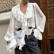 Load image into Gallery viewer, Frilled V Neck Bow Tie Blouse
