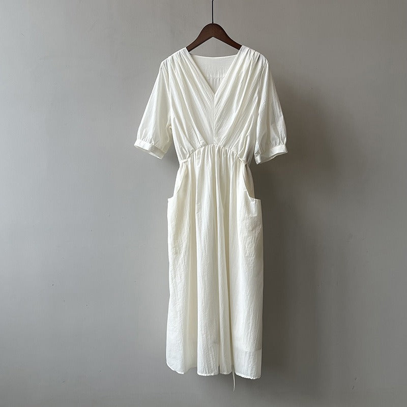 Vintage V Neck Ruched Midi Dress