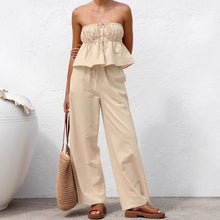 Charger l&#39;image dans la galerie, Cotton Linen Khaki Strapless Top+Wide Leg Pants Two Piece Set
