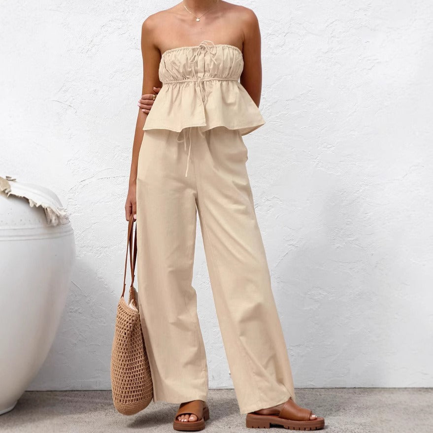 Cotton Linen Khaki Strapless Top+Wide Leg Pants Two Piece Set