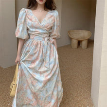 Load image into Gallery viewer, Puff Sleeve Wrap and Tie Floral Slim Midi Dress
