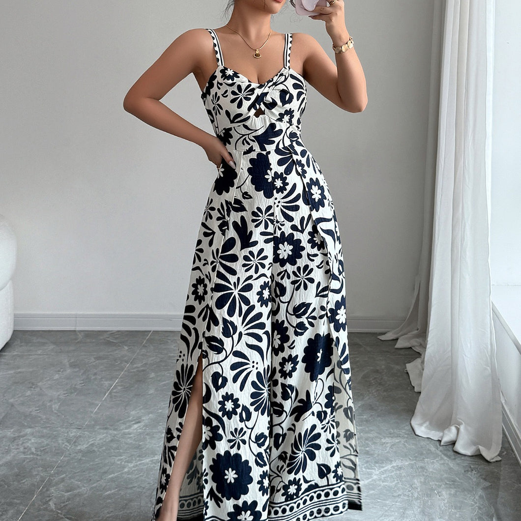 Elegant Twisted Printed Floral Spaghetti Wide Leg Jumpsuit