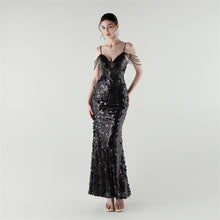 Load image into Gallery viewer, Draped Tassel Sequin Deep V Neck Backless Mermaid Evening Dress
