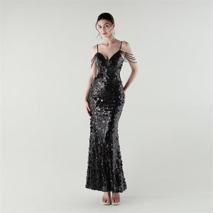 Draped Tassel Sequin Deep V Neck Backless Mermaid Evening Dress