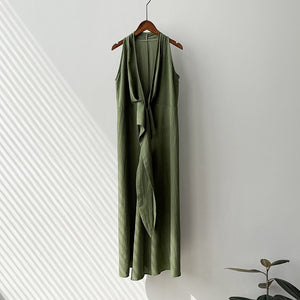 French Style Vintage V Neck Halter Belted Dress