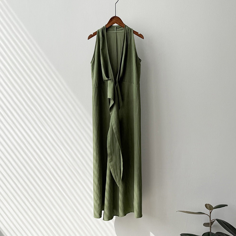 French Style Vintage V Neck Halter Belted Dress