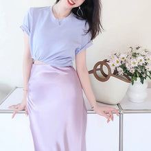 Load image into Gallery viewer, French Style Purple Crop T Shirt Top Slim Midi Satin Skirt Two Piece Set
