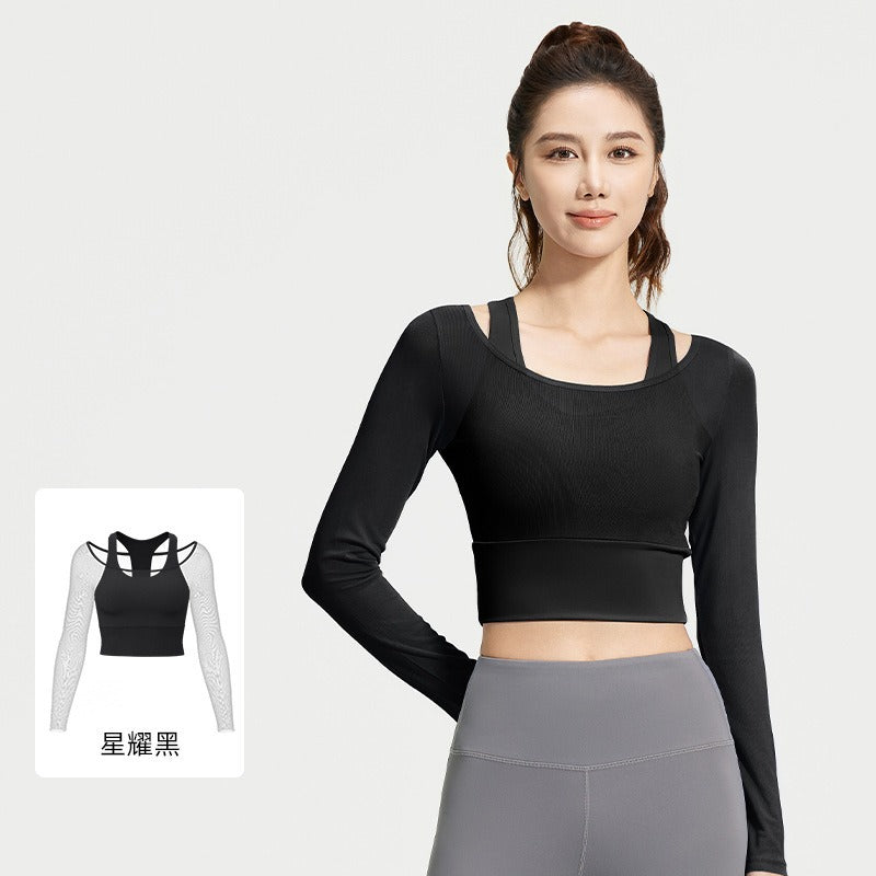 Women's Long Sleeve Workout Shirts - Breathable Mesh Yoga Top Built in Bra Slim Fit Athletic Wear