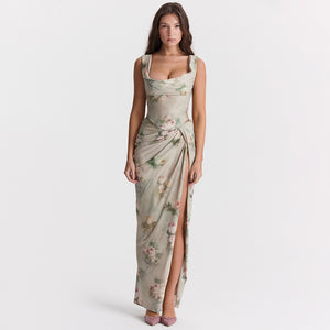 Chiffon Printed Spaghetti Crop Top+Long Slit Skirt Two Piece Set