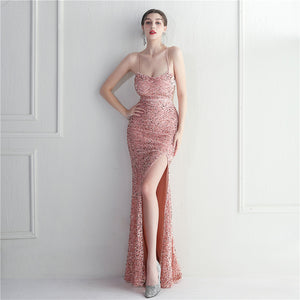 Velvet Sequin Halter Neck Spaghetti Nightclub Long Mermaid Evening Dress