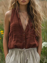 Carica l&#39;immagine nel visualizzatore di Gallery, Oversized Sleeveless Cotton Linen V Neck Pocket Top
