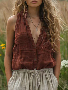 Oversized Sleeveless Cotton Linen V Neck Pocket Top