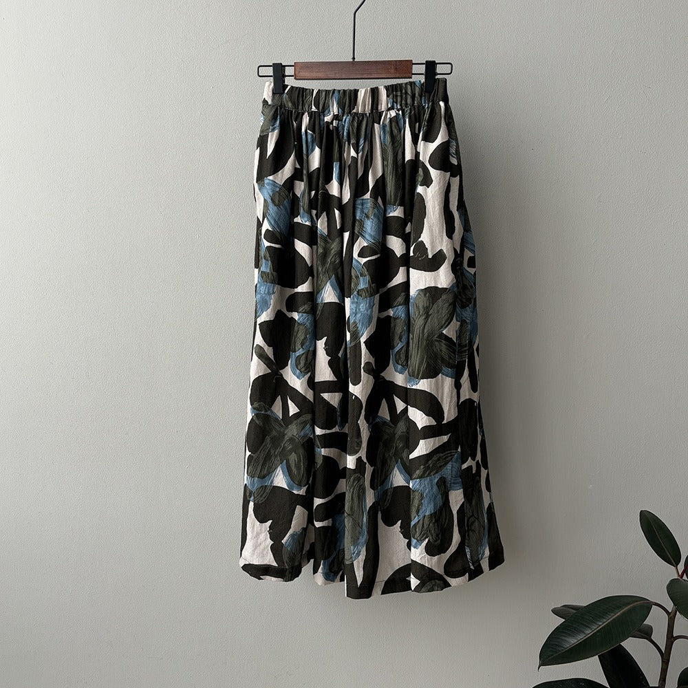 Oil Painting Printing High Waist A Line Flare Skirt