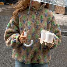 Laden Sie das Bild in den Galerie-Viewer, Purple Printed Faux Sherpa Oversized Polar Fleece Zip Collar Sweatshirt
