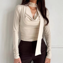 Cargar imagen en el visor de la galería, Beige Long Sleeve Slim Cowl Neck Tie Top
