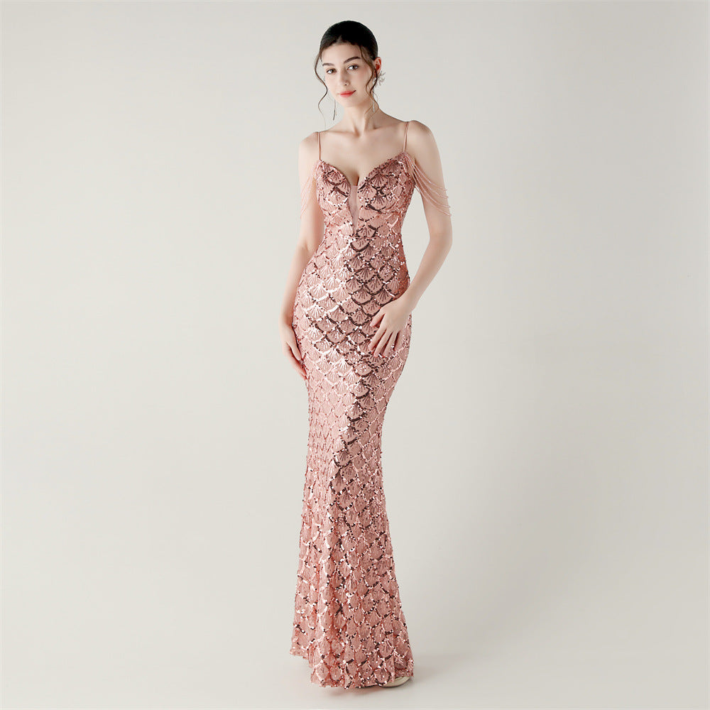 Deep V Neck Scale Sequin Mermaid Evening Dress