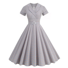 Load image into Gallery viewer, Vintage England Style Plaid Notched Collar Tie Short Sleeve High Waist Elegant Big Flare Midi Dress
