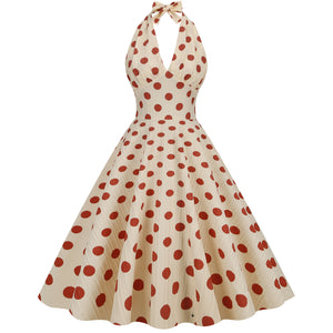Vintage High Waist Polka Dot Holiday Banquet Cocktail Dress Halter Neck Backless Sexy Fit Flare Midi Dress