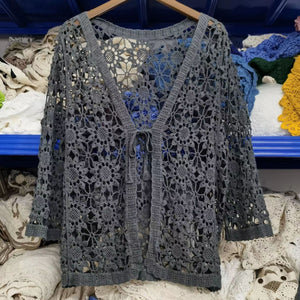 長袖花柄クロシェカーディガン