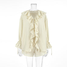 画像をギャラリービューアに読み込む, French Style V Neck Frill Shirt and Short Two Piece Set
