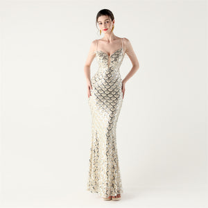 Deep V Neck Scale Sequin Mermaid Evening Dress