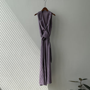 French Style Vintage V Neck Halter Belted Dress