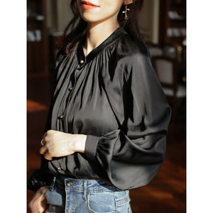 Woman French Style White Silky Satin Vintage Palace Style Shirt