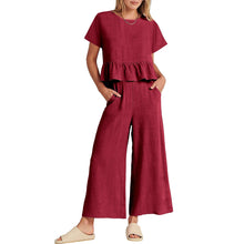 Load image into Gallery viewer, Solid Ruffle Top Wide Leg Ankle Length Pants Two Piece Set
