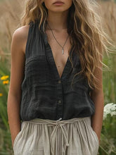 Carica l&#39;immagine nel visualizzatore di Gallery, Oversized Sleeveless Cotton Linen V Neck Pocket Top
