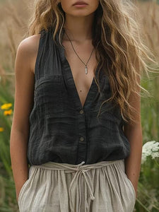 Oversized Sleeveless Cotton Linen V Neck Pocket Top