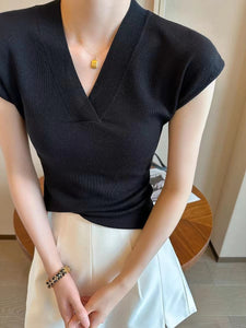 ホワイト Vネック 半袖 ニットトップ アイスファイバー サマー フライングスリーブ Tシャツ