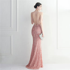 Velvet Sequin Halter Neck Spaghetti Nightclub Long Mermaid Evening Dress