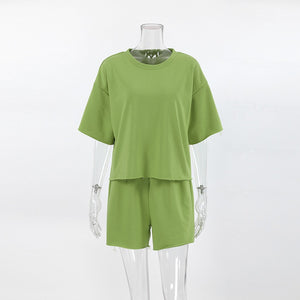 Green Short Sleeve T shirt Shorts Sporty Two Piece Set
