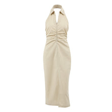 Load image into Gallery viewer, Khaki Cotton Linen Backless Halter Neck Midi Dress

