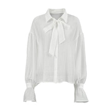 Load image into Gallery viewer, White Tie Bow Sexy Transparent Trumpet Sleeve Blouse
