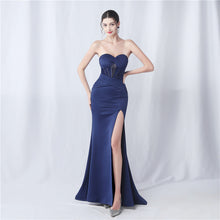 Load image into Gallery viewer, Boning Satin Slim Waist Strapless Ruched Train Evening Dress
