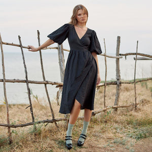 Cotton Puff Sleeve Wrap Tie Dress