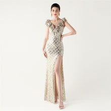 Load image into Gallery viewer, Scale Sequin Frilled Shoulder Sleeve Mermaid Evening Dress
