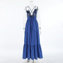 画像をギャラリービューアに読み込む, Blue Cotton Linen V Neck Spaghetti Backless Tiered Maxi Dress
