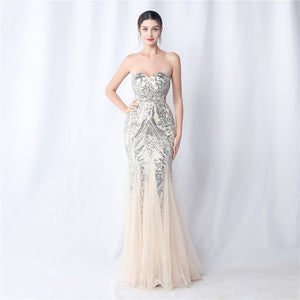 Positional Embroidery Tulle Sequin Evening Dress
