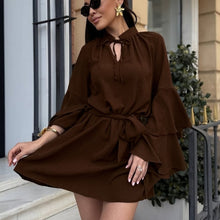 Cargar imagen en el visor de la galería, Stand Collar Tie Bow Long Sleeve Frilled Mini Dress
