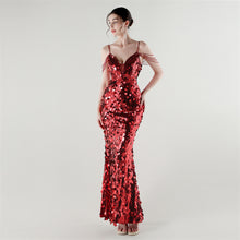 Load image into Gallery viewer, Draped Tassel Sequin Deep V Neck Backless Mermaid Evening Dress
